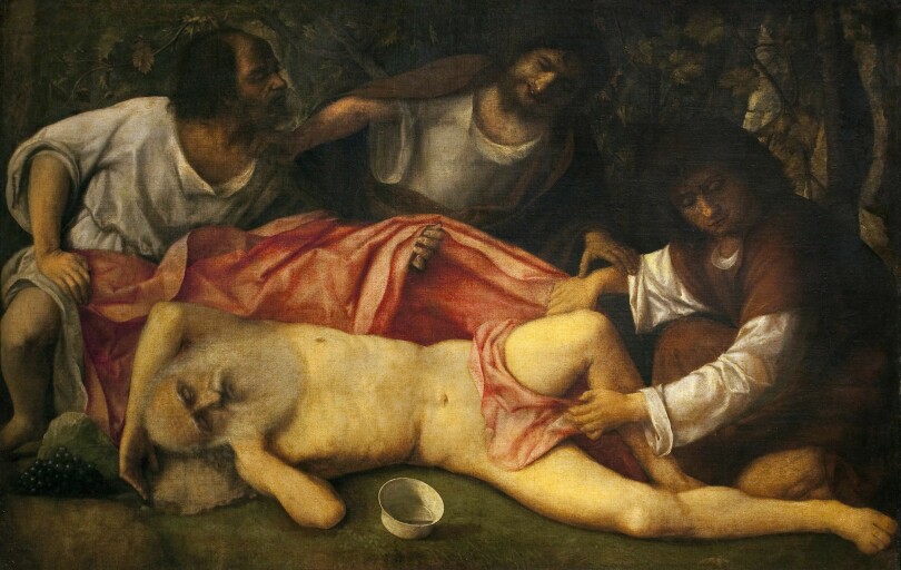 Dérision de Noé (1515), seule scène de l’Ancien Testament peinte par Bellini. Pour Neville Rowley, il faut y voir un autoportrait allégorique du vieux maître.